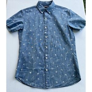 Bonobos Men's S Slim Fit Blue Chambray Fish Print Short Sleeve Button-Down Shirt